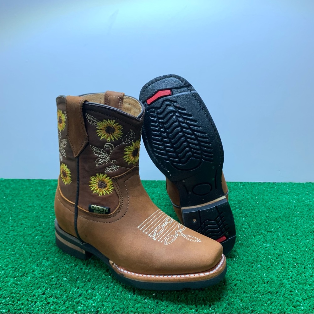 Cowboy Cowgirl western kids Tan boots genuine leather sunflower embroidered
